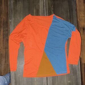 Colorblock Asymmetrical Neck Long Sleeve Orange Blue Brown Blouse Women